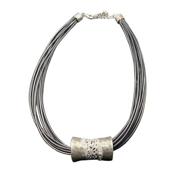 Black multi strand necklace with treated cord silver tone filigree rhinestone pe - Picture 1 of 8